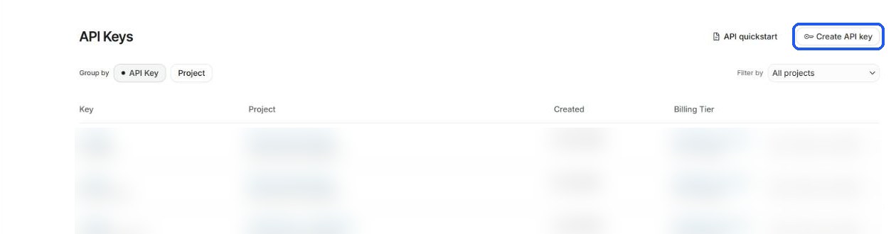 Google AI Studio API Keys page with the Create API key button highlighted