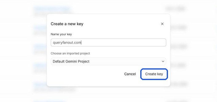 The Create a new key dialog in Google AI Studio with the name queryfanout.com