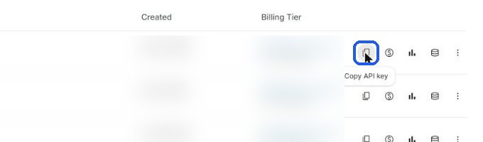 The Copy API key icon on a key row in Google AI Studio