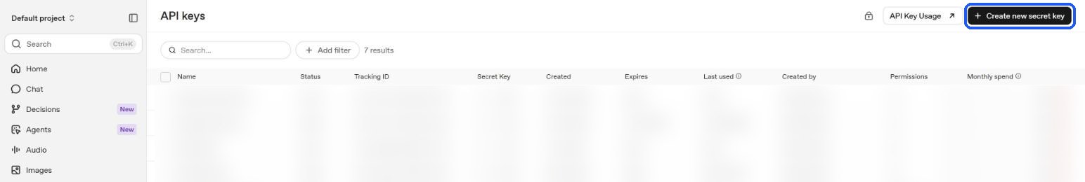 OpenAI platform API keys page with the Create new secret key button highlighted