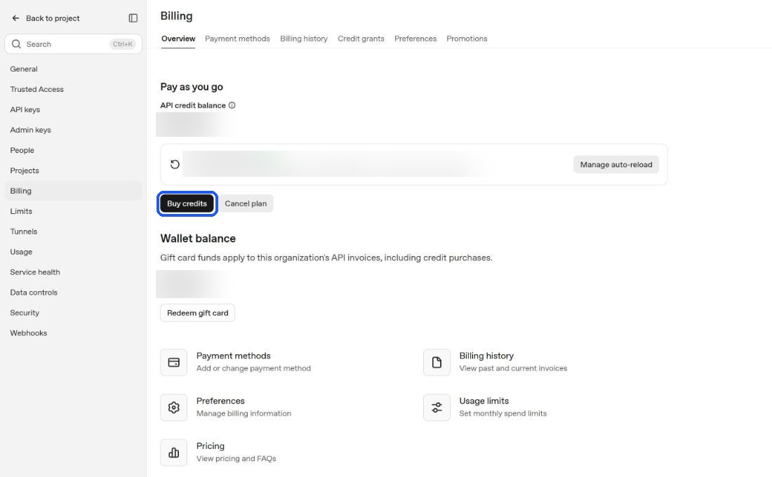 OpenAI billing overview page with the Buy credits button highlighted