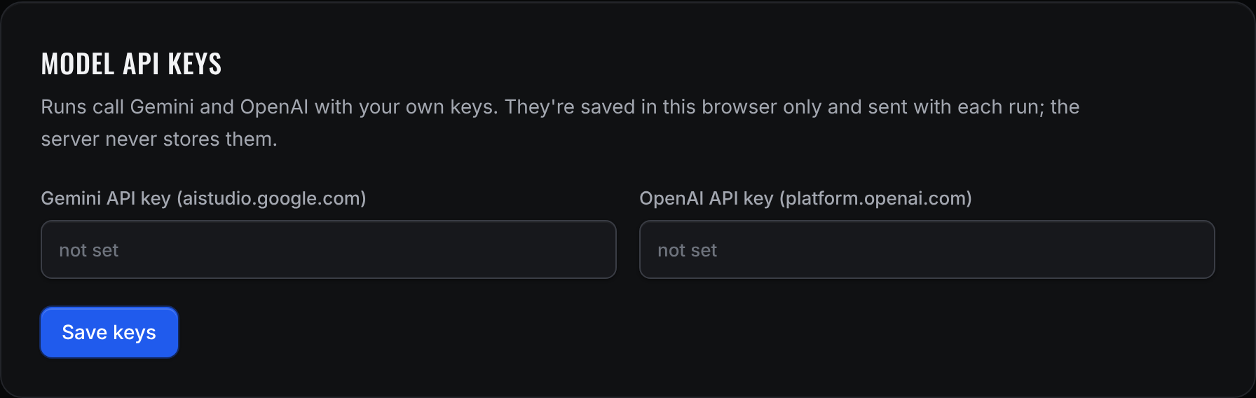 The Model API keys panel in queryfanout.com Settings with empty key fields