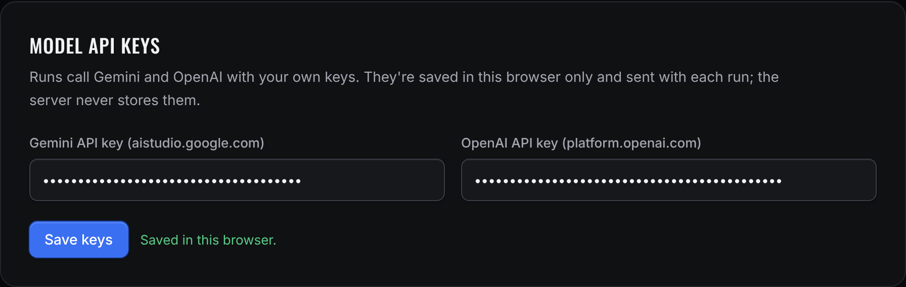 Both key fields filled in and the Saved in this browser confirmation