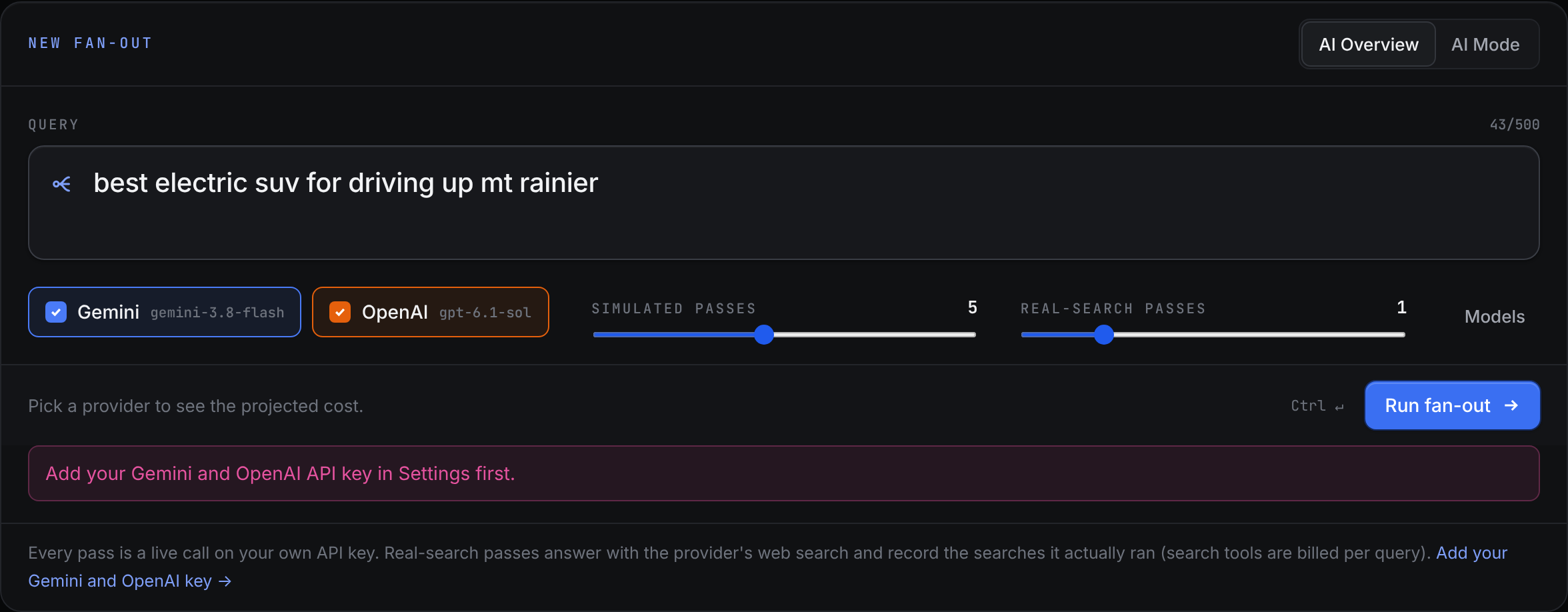 The run form showing the error Add your Gemini and OpenAI API key in Settings first